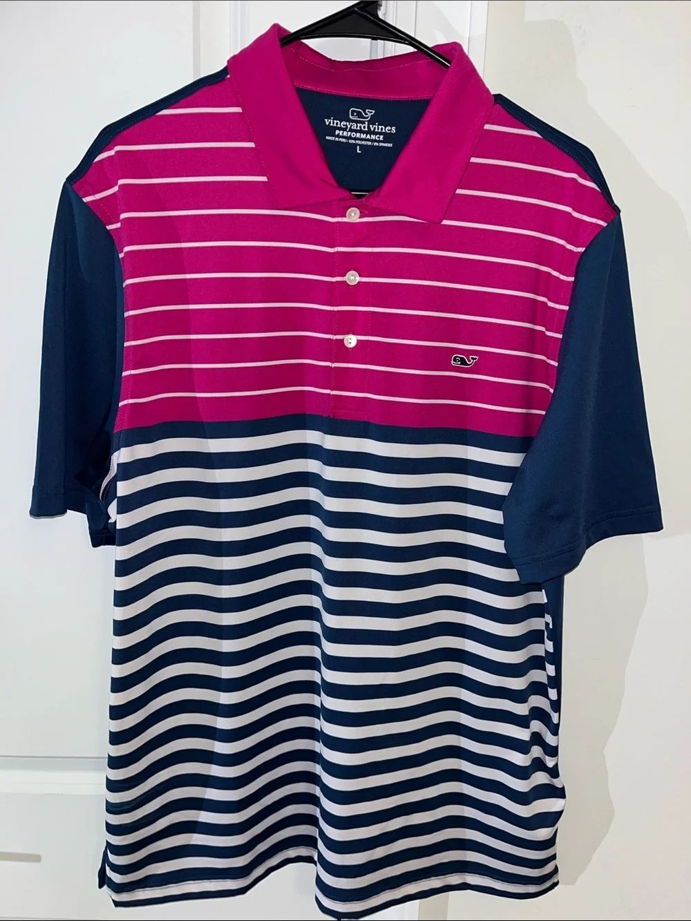 Pink Blue White Whale Vineyard Vines Performance Striped Golf Polo Shirt L